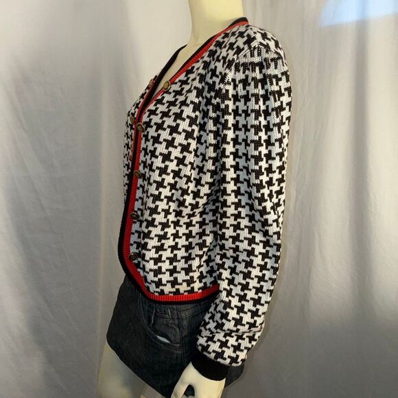Vintage Leslie Fay Collections Women’s 14 Houndstooth Cardigan Black White Red T - Picture 13 of 15